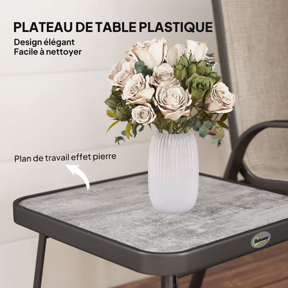 3-Piece Steel Garden Set with 2 Stackable Chairs and Square Coffee Table with High Back Textilene Cover in Brown