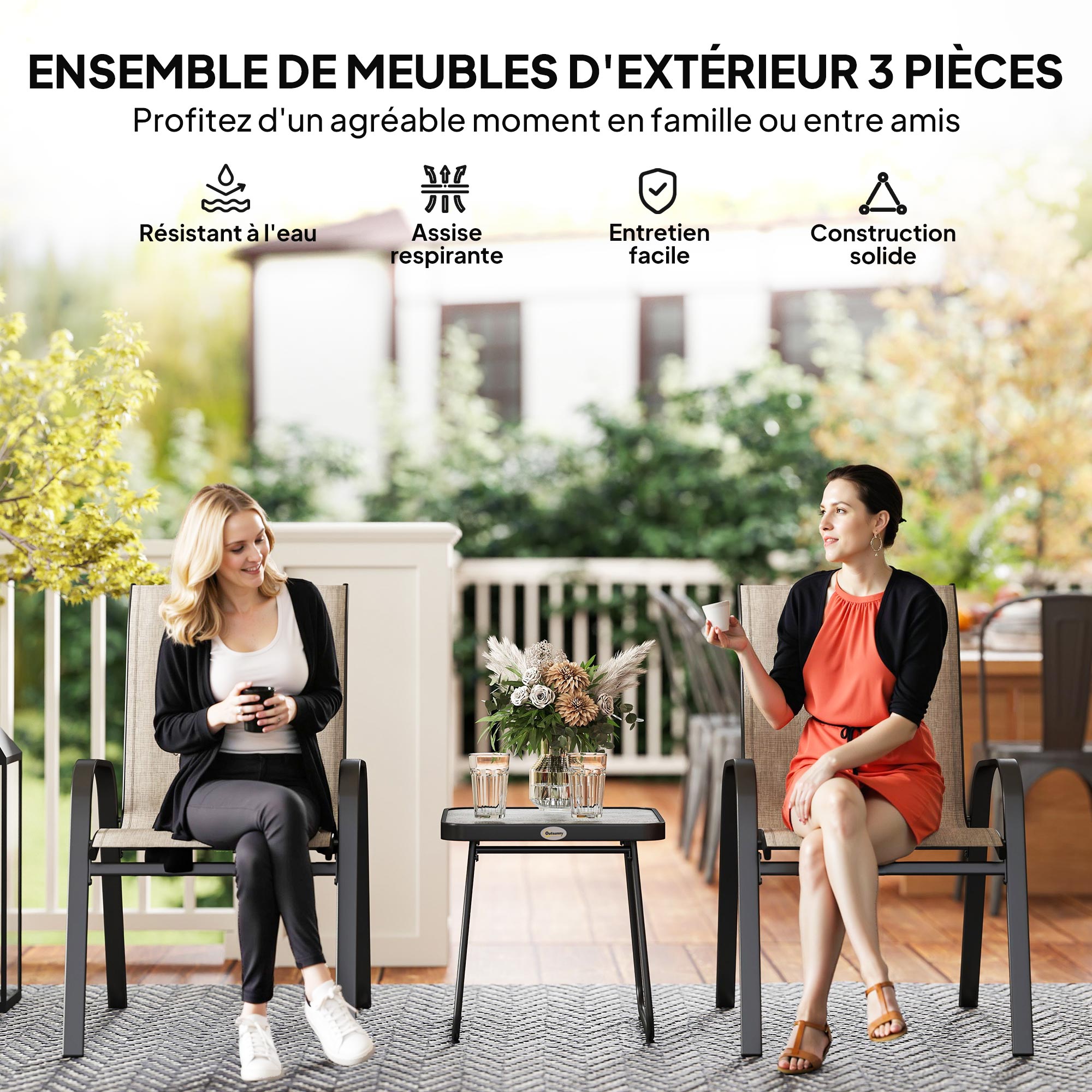 3-Piece Steel Garden Set with 2 Stackable Chairs and Square Coffee Table with High Back Textilene Cover in Brown