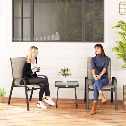 3-Piece Steel Garden Set with 2 Stackable Chairs and Square Coffee Table with High Back Textilene Cover in Brown