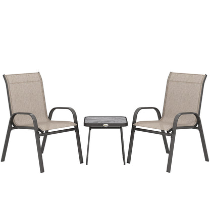 3-Piece Steel Garden Set with 2 Stackable Chairs and Square Coffee Table with High Back Textilene Cover in Brown