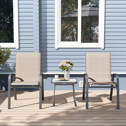 3-Piece Steel Garden Set with 2 Stackable Chairs and Square Coffee Table with High Back Textilene Cover in Brown
