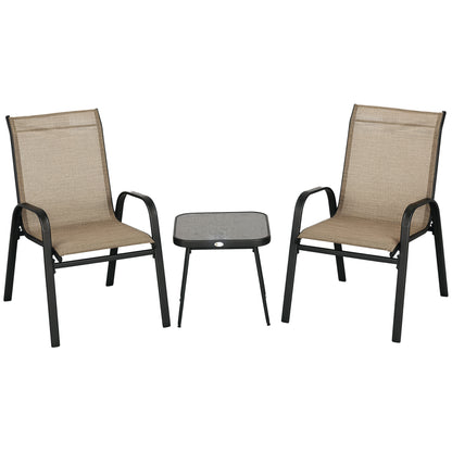 3-Piece Steel Garden Set with 2 Stackable Chairs and Square Coffee Table with High Back Textilene Cover in Brown