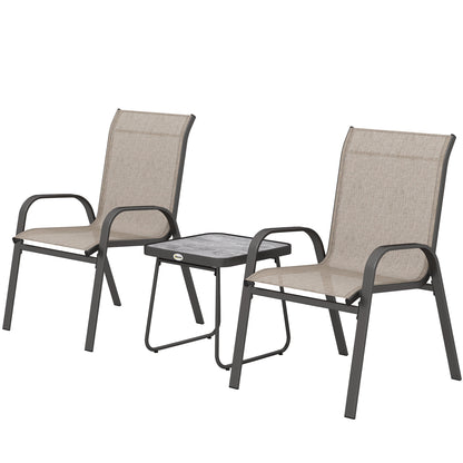 3-Piece Steel Garden Set with 2 Stackable Chairs and Square Coffee Table with High Back Textilene Cover in Brown