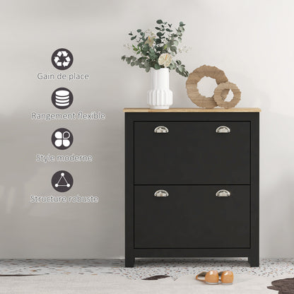 Shoe Cabinet, 2 Swing Doors, 2 Compartments, Silver Metal Shell Handles, Black Oak