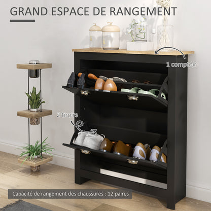 Shoe Cabinet, 2 Swing Doors, 2 Compartments, Silver Metal Shell Handles, Black Oak