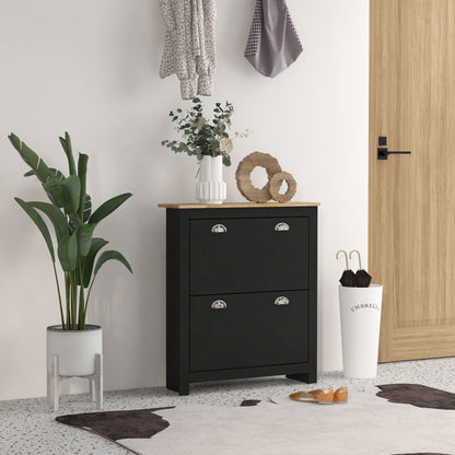 Shoe Cabinet, 2 Swing Doors, 2 Compartments, Silver Metal Shell Handles, Black Oak