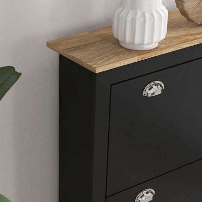 Shoe Cabinet, 2 Swing Doors, 2 Compartments, Silver Metal Shell Handles, Black Oak