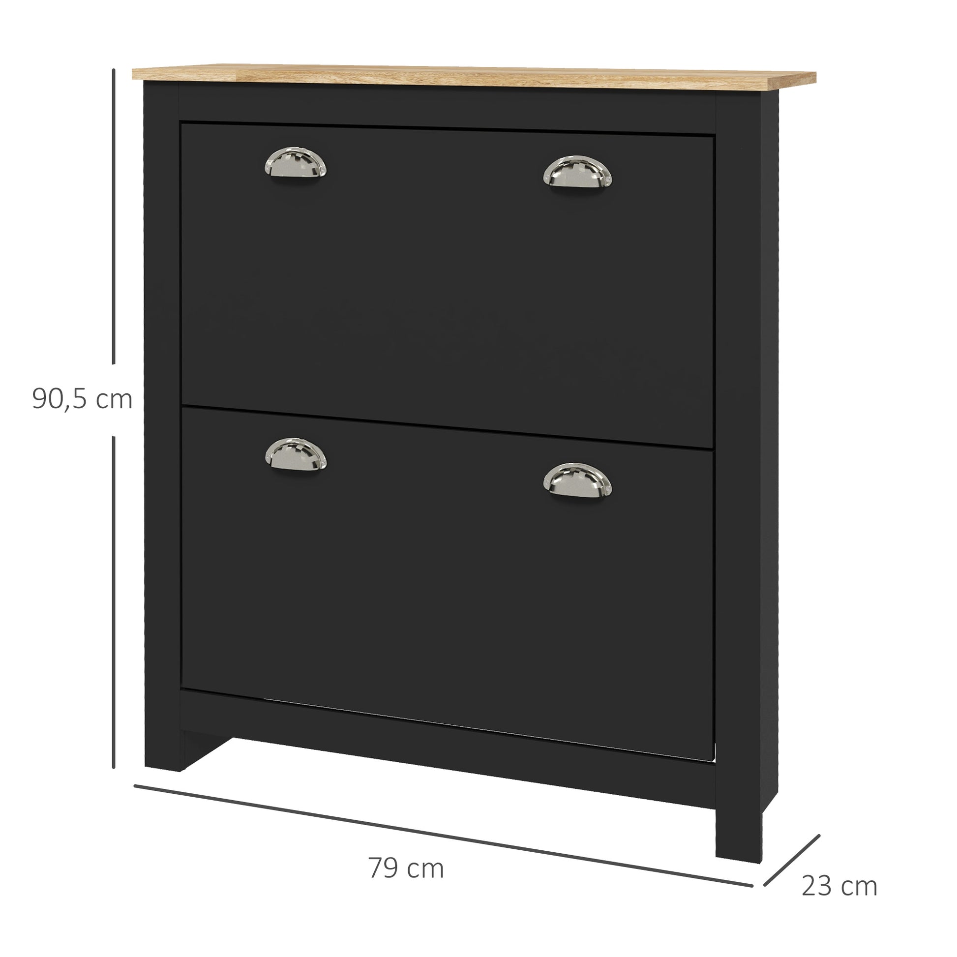 Shoe Cabinet, 2 Swing Doors, 2 Compartments, Silver Metal Shell Handles, Black Oak