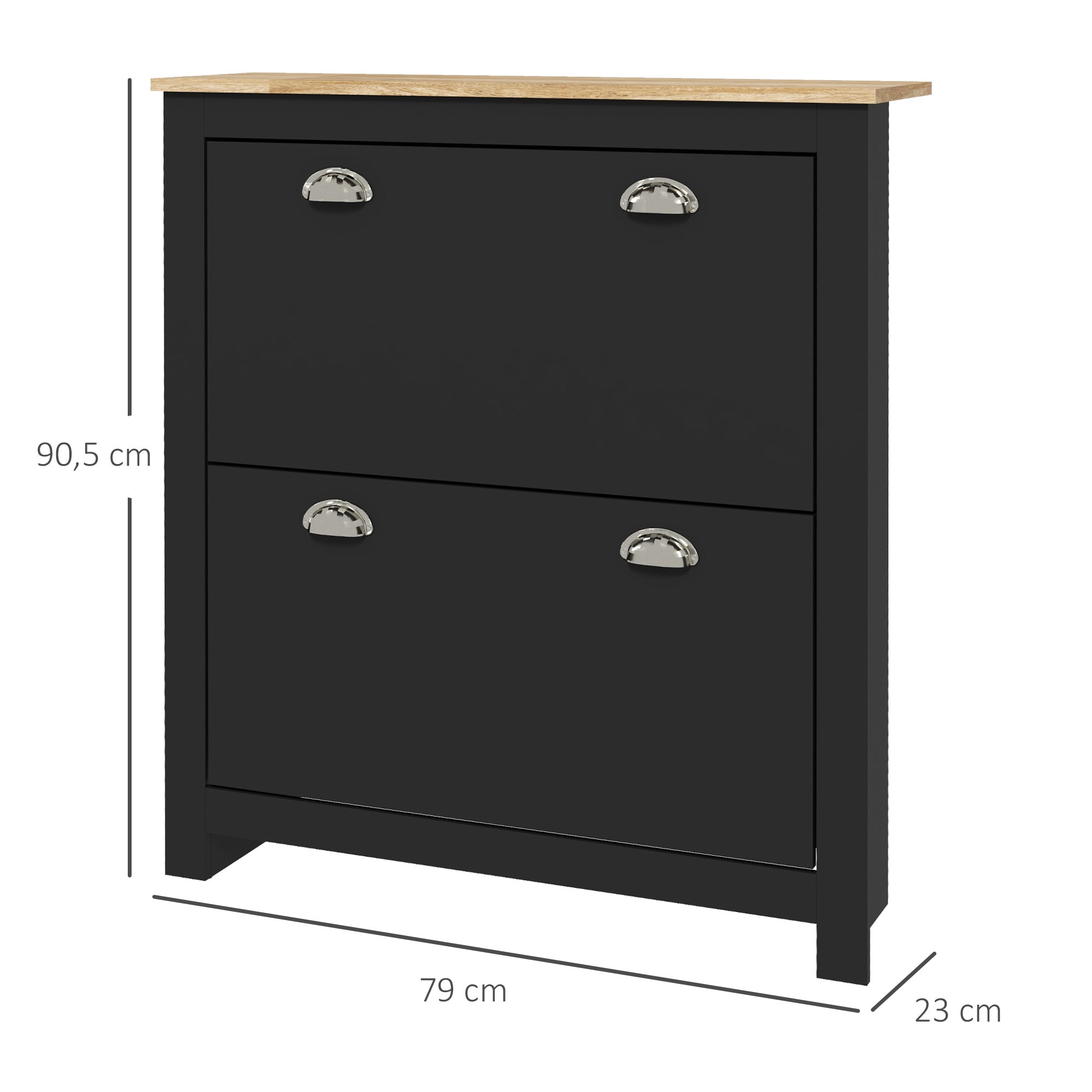 Shoe Cabinet, 2 Swing Doors, 2 Compartments, Silver Metal Shell Handles, Black Oak