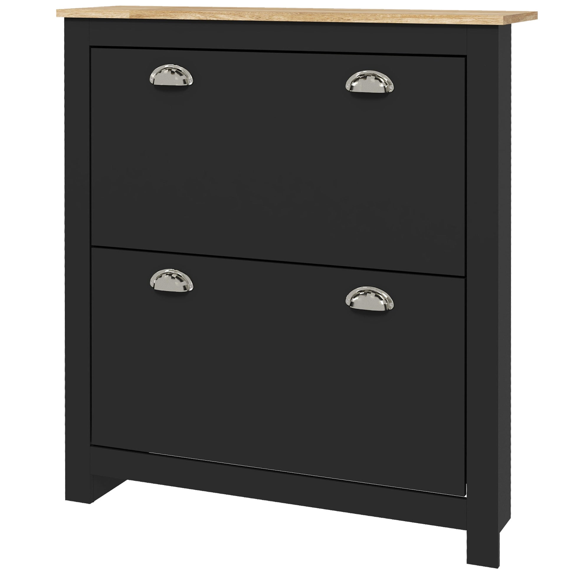 Shoe Cabinet, 2 Swing Doors, 2 Compartments, Silver Metal Shell Handles, Black Oak