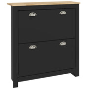 Shoe Cabinet, 2 Swing Doors, 2 Compartments, Silver Metal Shell Handles, Black Oak
