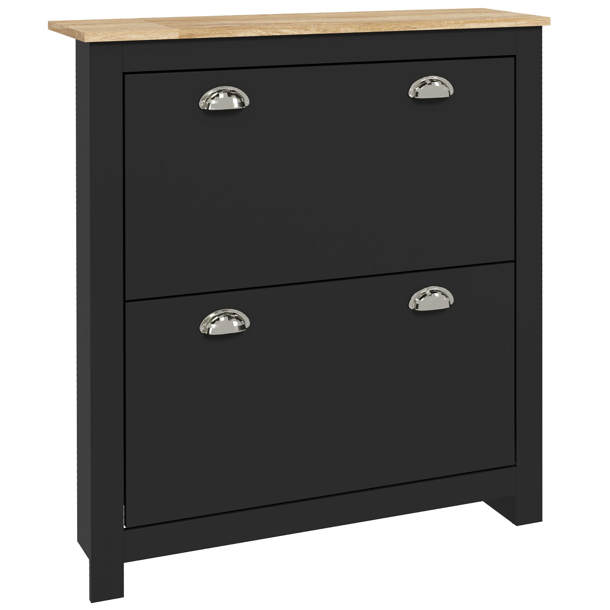 Shoe Cabinet, 2 Swing Doors, 2 Compartments, Silver Metal Shell Handles, Black Oak