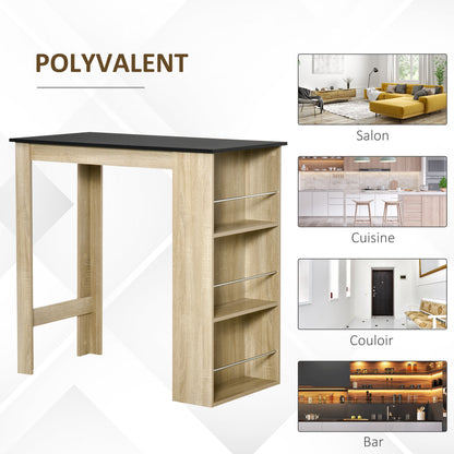 High Bar Table Kitchen High Table Counter - dim. 112L x 57W x 106H cm - 3 shelves - light oak-black finish