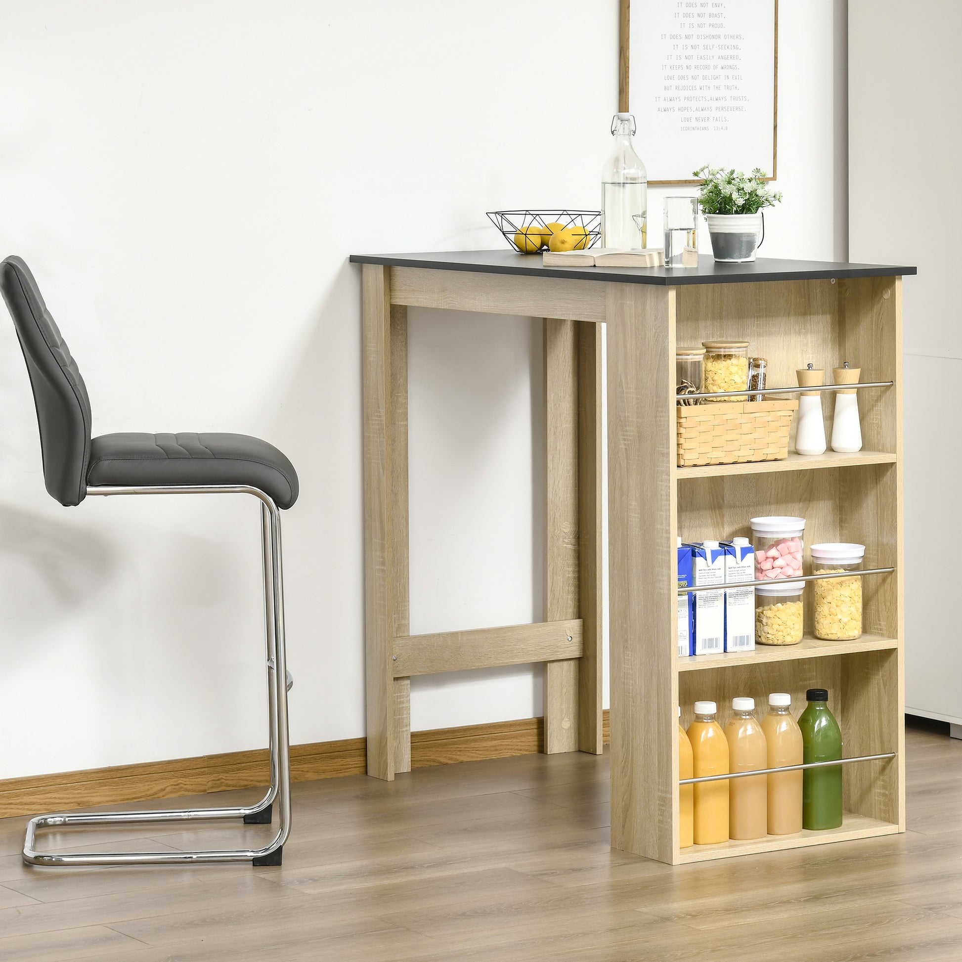 High Bar Table Kitchen High Table Counter - dim. 112L x 57W x 106H cm - 3 shelves - light oak-black finish