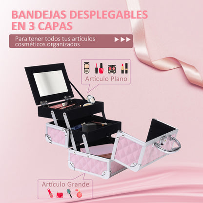 Professional Cosmetic Makeup Case Organizer Beauty Box Portable Makeup Case with Mirror Lock Several Compartments 20x15x15cm Aluminum