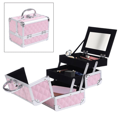Professional Cosmetic Makeup Case Organizer Beauty Box Portable Makeup Case with Mirror Lock Several Compartments 20x15x15cm Aluminum