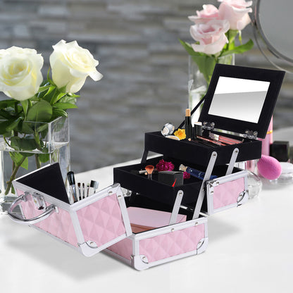Professional Cosmetic Makeup Case Organizer Beauty Box Portable Makeup Case with Mirror Lock Several Compartments 20x15x15cm Aluminum