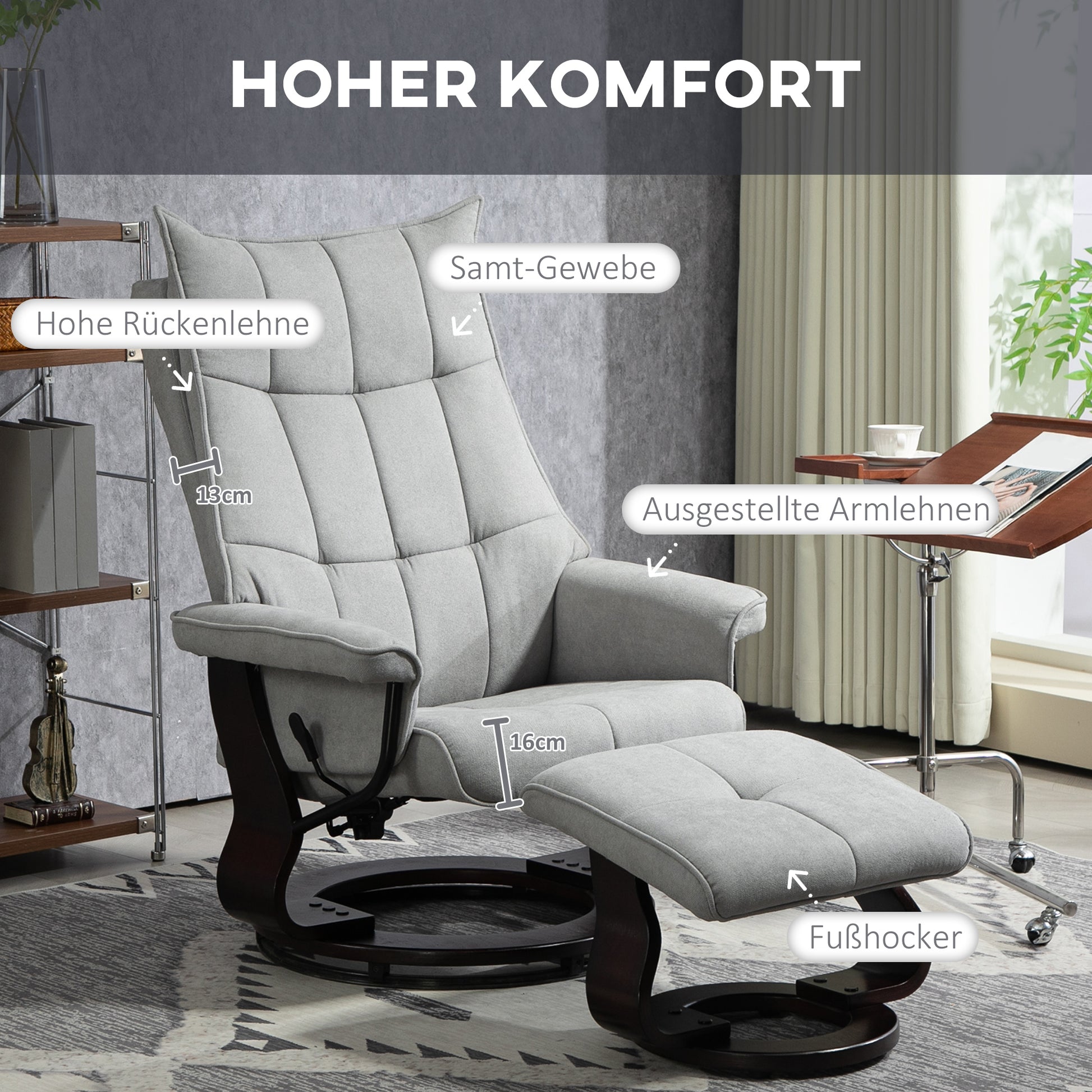 Recliner Chair with Footstool, Swivel TV Armchair with Reclining Function, Rocking Function, Reclining Chair with double-layer high backrest, Velvet Look, for Living Room, Bedroom, Gray