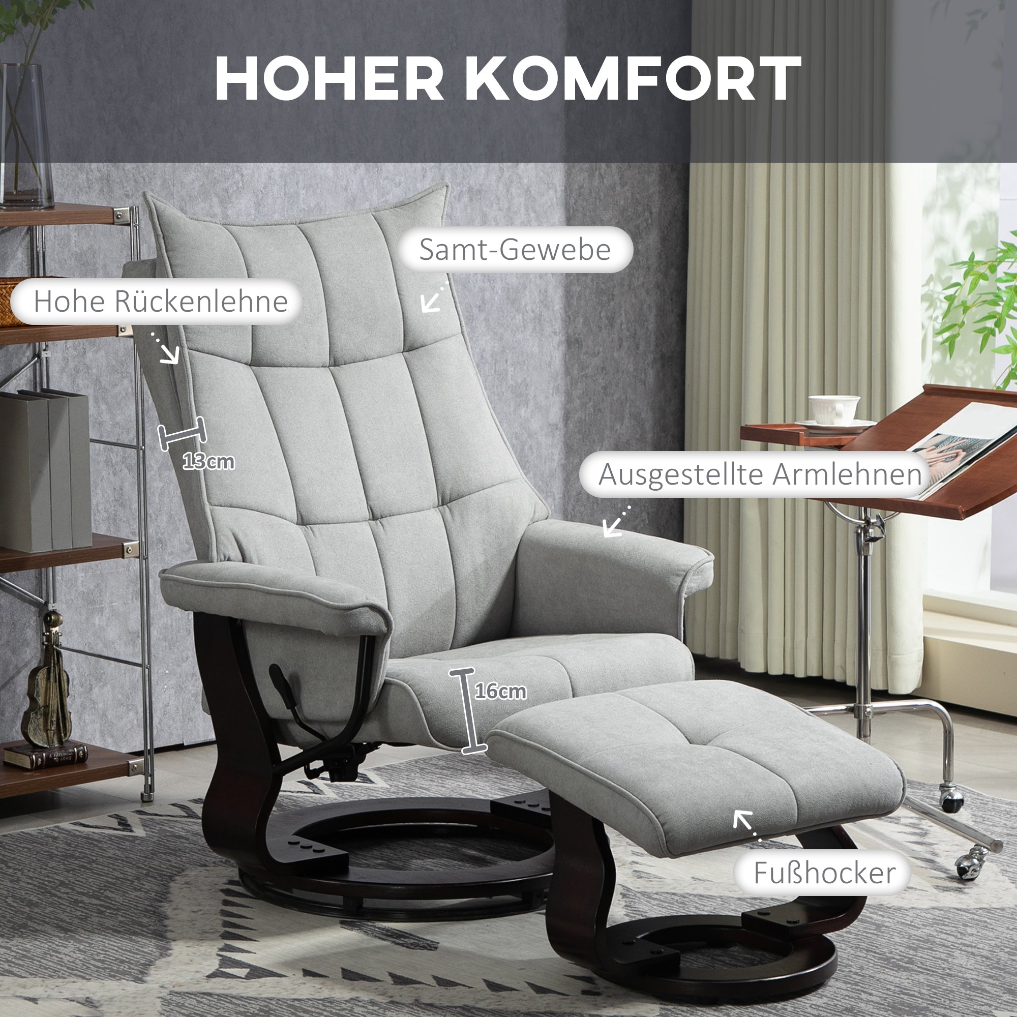 Recliner Chair with Footstool, Swivel TV Armchair with Reclining Function, Rocking Function, Reclining Chair with double-layer high backrest, Velvet Look, for Living Room, Bedroom, Gray
