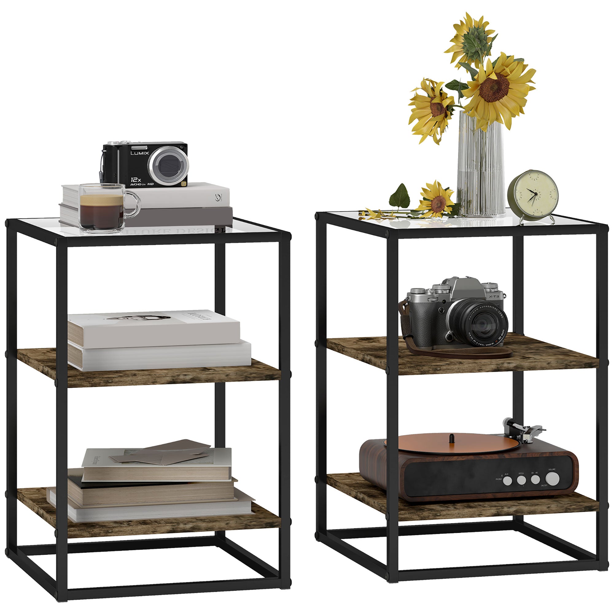 2-Piece Coffee Table Set, Side Table with Glass Top, 3 Levels, Living Room Table with Metal Legs Coffee Table for Living Room, Bedroom, Hallway, 37 x 40 x 55.5 cm, Rustic Brown