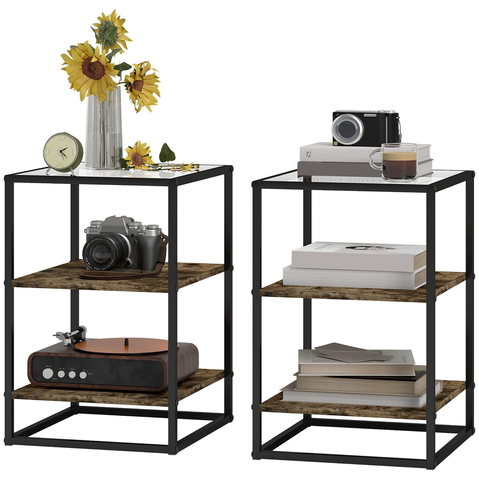 2-Piece Coffee Table Set, Side Table with Glass Top, 3 Levels, Living Room Table with Metal Legs Coffee Table for Living Room, Bedroom, Hallway, 37 x 40 x 55.5 cm, Rustic Brown