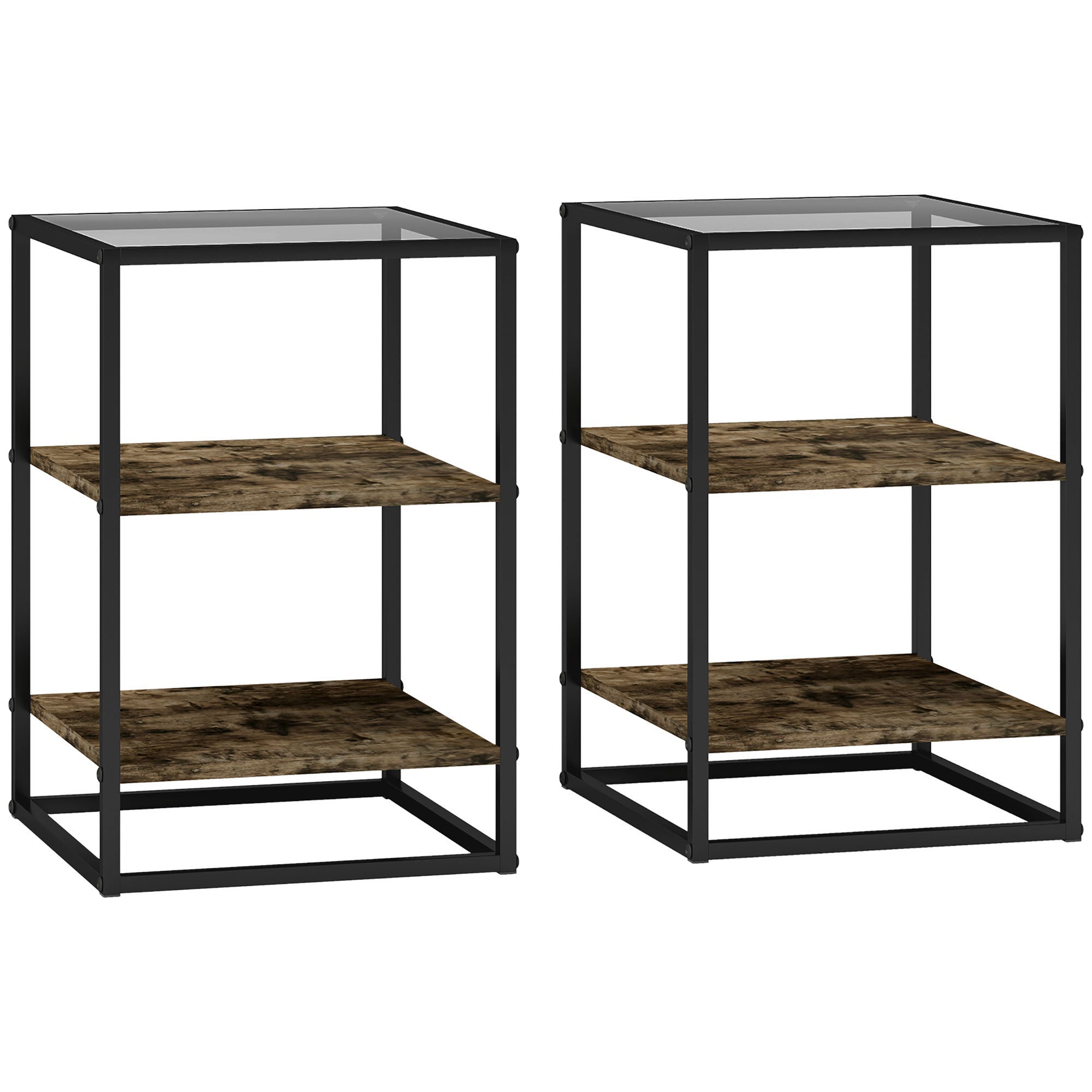 2-Piece Coffee Table Set, Side Table with Glass Top, 3 Levels, Living Room Table with Metal Legs Coffee Table for Living Room, Bedroom, Hallway, 37 x 40 x 55.5 cm, Rustic Brown
