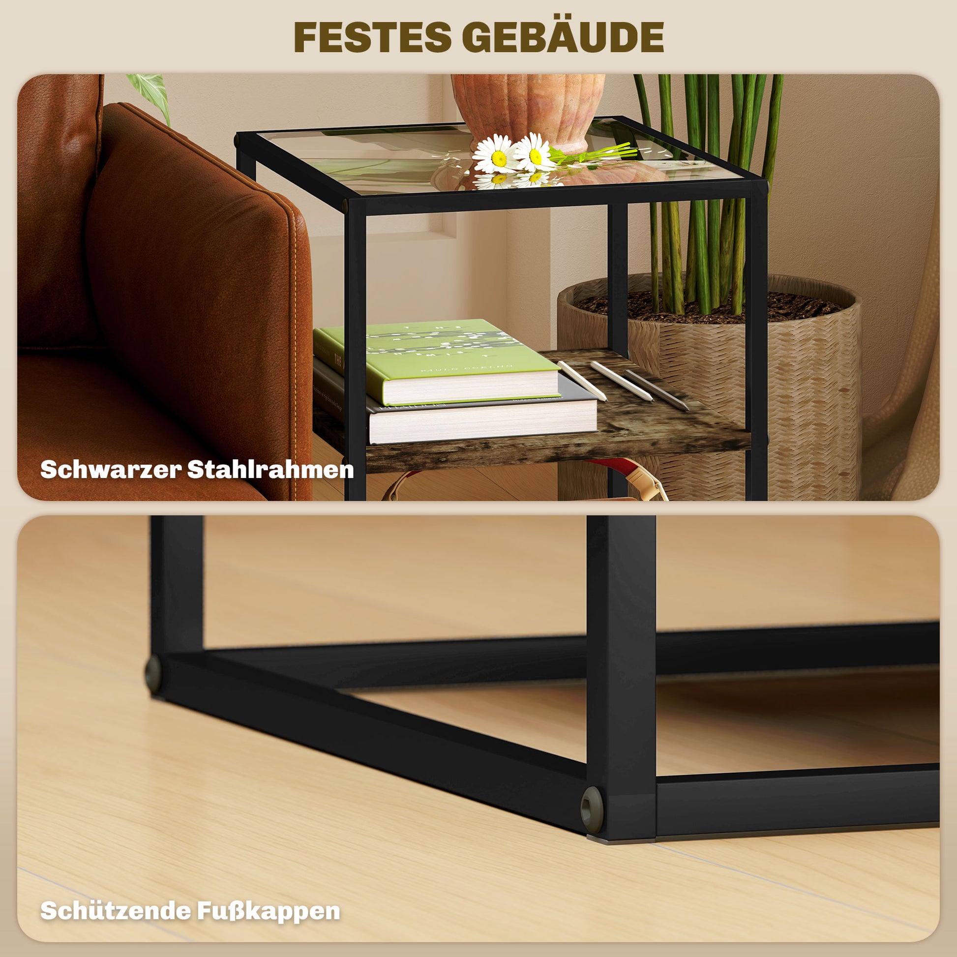 2-Piece Coffee Table Set, Side Table with Glass Top, 3 Levels, Living Room Table with Metal Legs Coffee Table for Living Room, Bedroom, Hallway, 37 x 40 x 55.5 cm, Rustic Brown