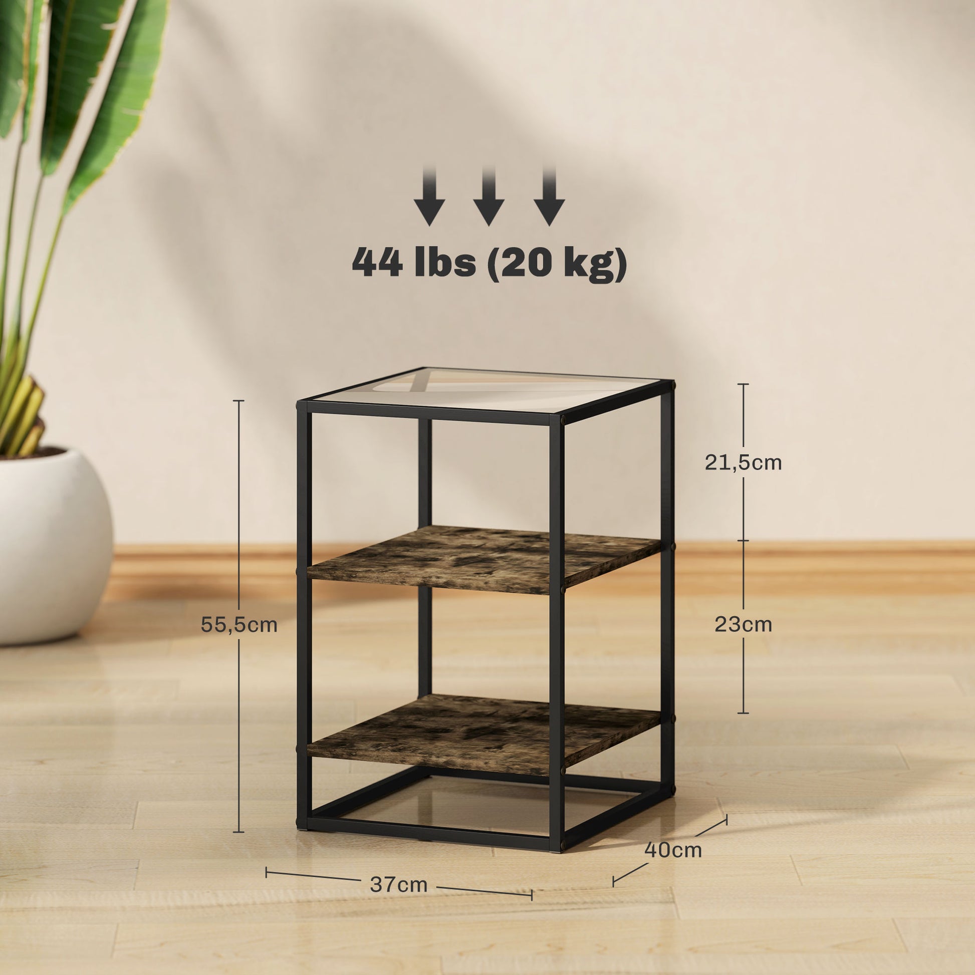 2-Piece Coffee Table Set, Side Table with Glass Top, 3 Levels, Living Room Table with Metal Legs Coffee Table for Living Room, Bedroom, Hallway, 37 x 40 x 55.5 cm, Rustic Brown
