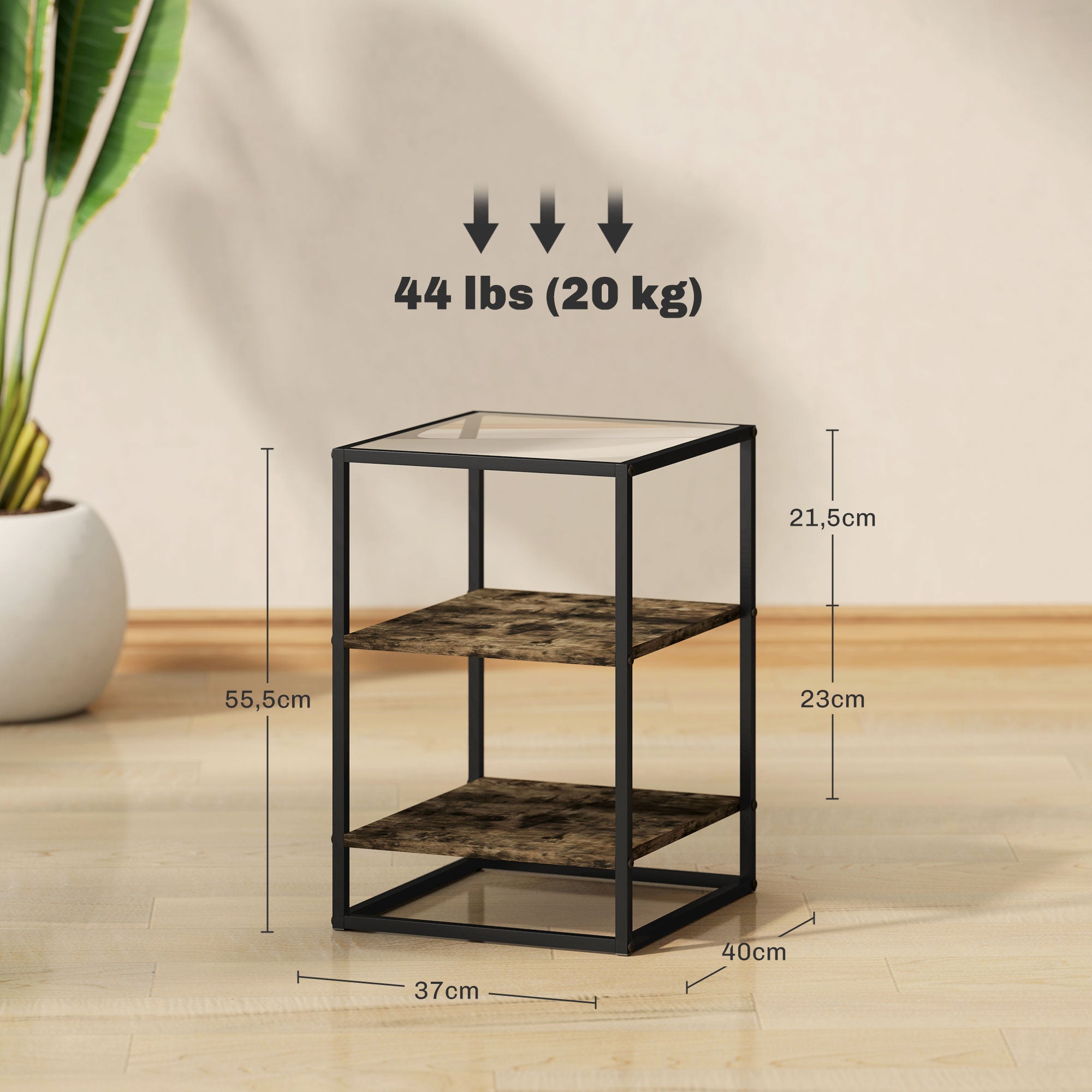 2-Piece Coffee Table Set, Side Table with Glass Top, 3 Levels, Living Room Table with Metal Legs Coffee Table for Living Room, Bedroom, Hallway, 37 x 40 x 55.5 cm, Rustic Brown