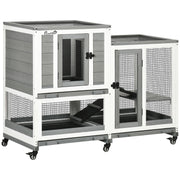 2-Level Wooden Rabbit Hutch with 6 Wheels 2 Ladders 3 Removable Trays Doors with Locks and Open Area Indoor Rabbit Hutch 110x50x86 cm Gray