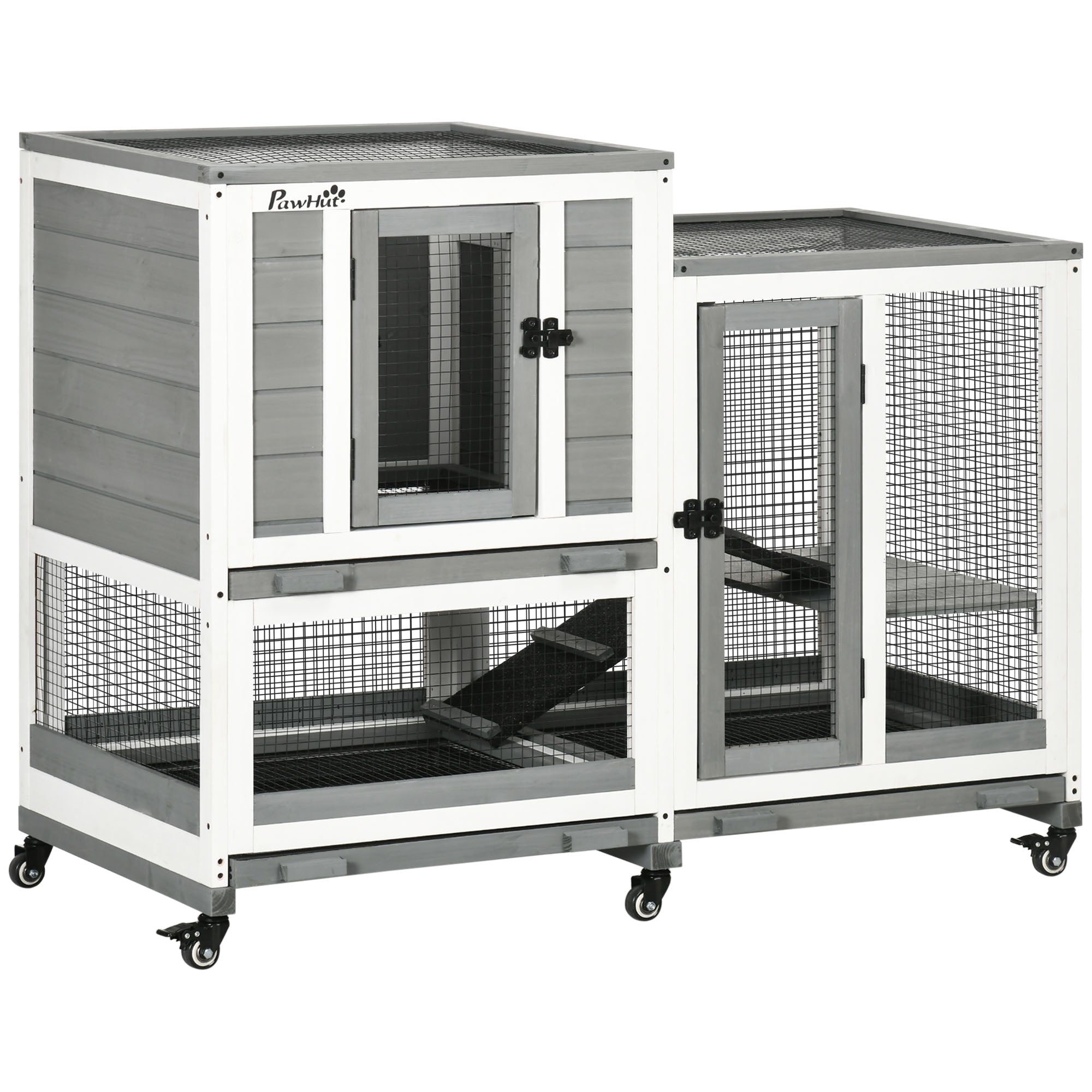 2-Level Wooden Rabbit Hutch with 6 Wheels 2 Ladders 3 Removable Trays Doors with Locks and Open Area Indoor Rabbit Hutch 110x50x86 cm Gray