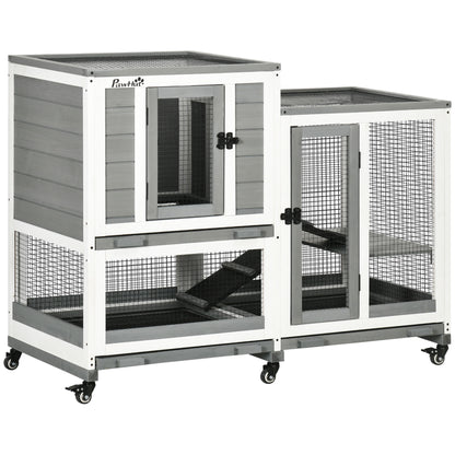 2-Level Wooden Rabbit Hutch with 6 Wheels 2 Ladders 3 Removable Trays Doors with Locks and Open Area Indoor Rabbit Hutch 110x50x86 cm Gray