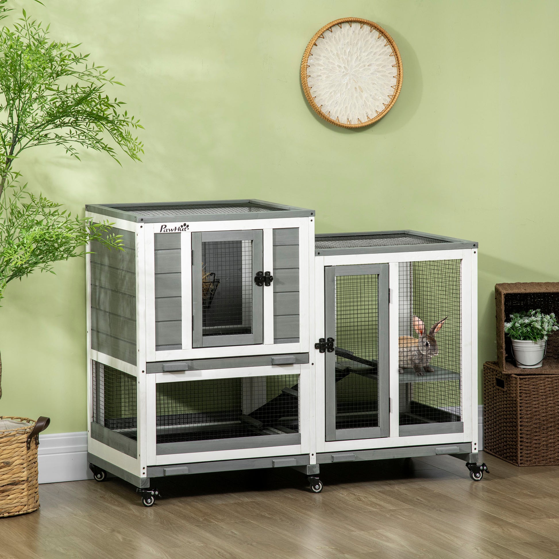 2-Level Wooden Rabbit Hutch with 6 Wheels 2 Ladders 3 Removable Trays Doors with Locks and Open Area Indoor Rabbit Hutch 110x50x86 cm Gray