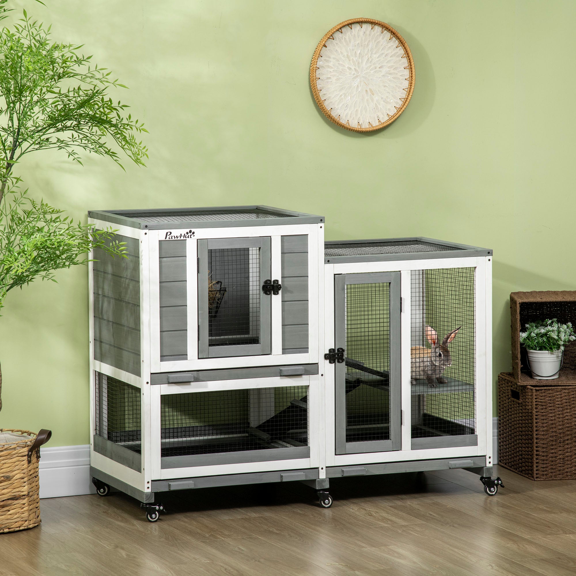 2-Level Wooden Rabbit Hutch with 6 Wheels 2 Ladders 3 Removable Trays Doors with Locks and Open Area Indoor Rabbit Hutch 110x50x86 cm Gray