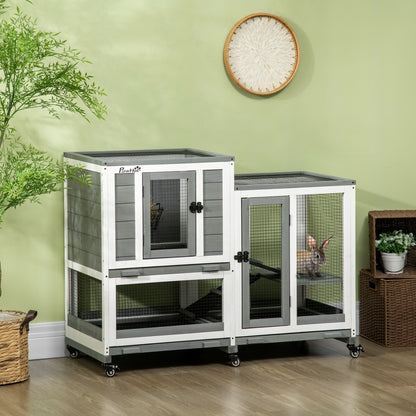 2-Level Wooden Rabbit Hutch with 6 Wheels 2 Ladders 3 Removable Trays Doors with Locks and Open Area Indoor Rabbit Hutch 110x50x86 cm Gray