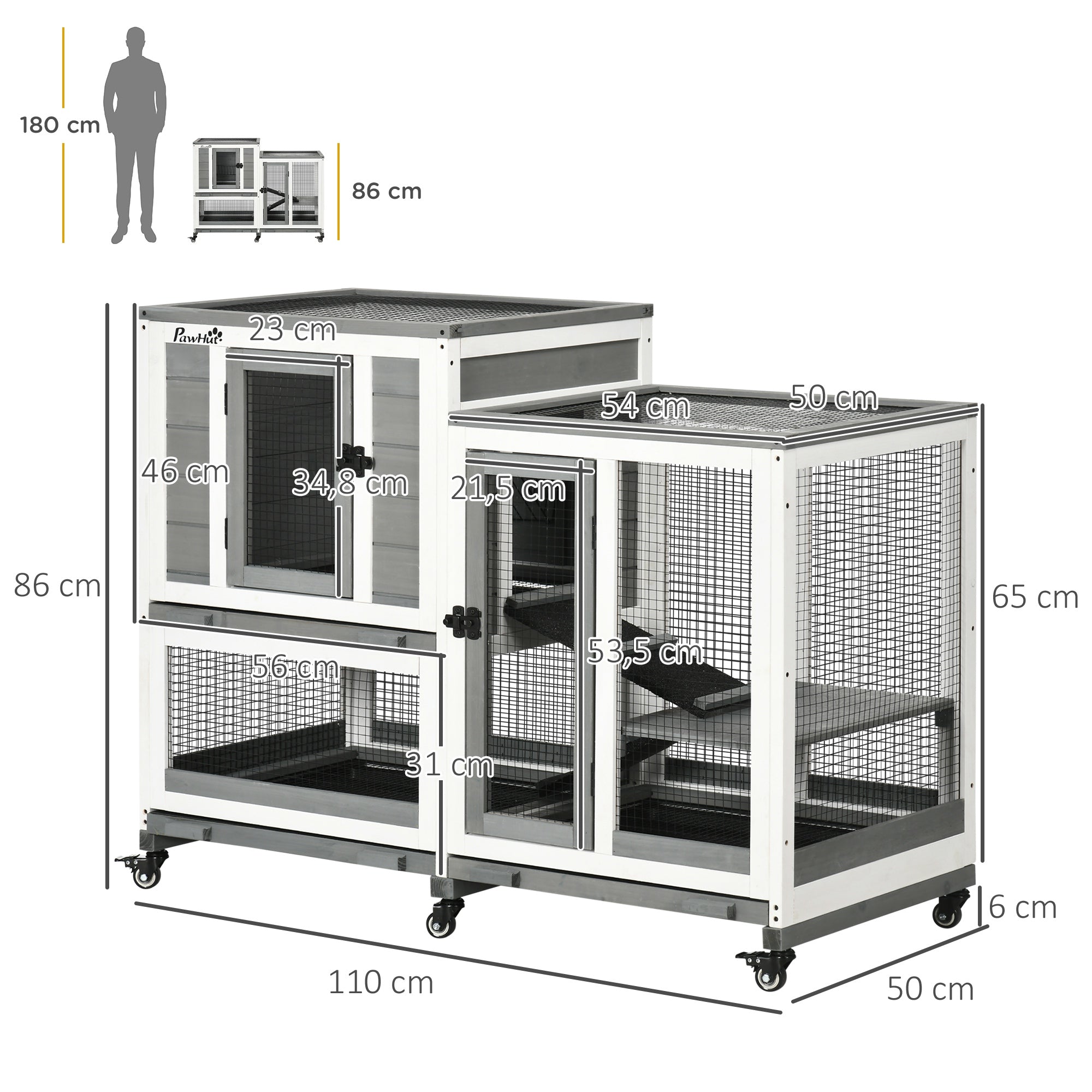 2-Level Wooden Rabbit Hutch with 6 Wheels 2 Ladders 3 Removable Trays Doors with Locks and Open Area Indoor Rabbit Hutch 110x50x86 cm Gray