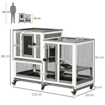 2-Level Wooden Rabbit Hutch with 6 Wheels 2 Ladders 3 Removable Trays Doors with Locks and Open Area Indoor Rabbit Hutch 110x50x86 cm Gray