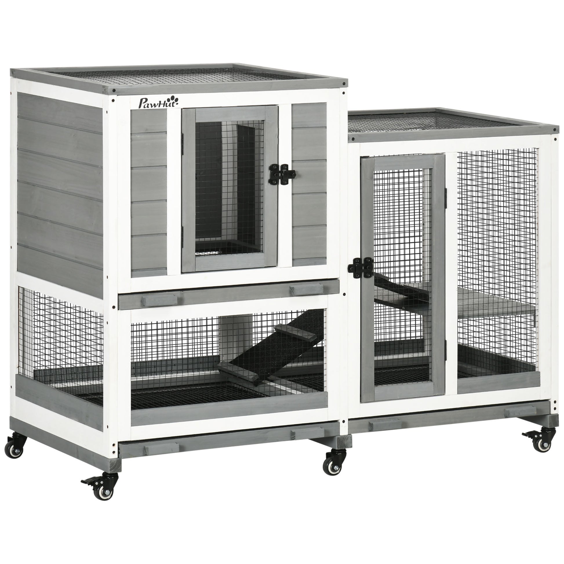 2-Level Wooden Rabbit Hutch with 6 Wheels 2 Ladders 3 Removable Trays Doors with Locks and Open Area Indoor Rabbit Hutch 110x50x86 cm Gray