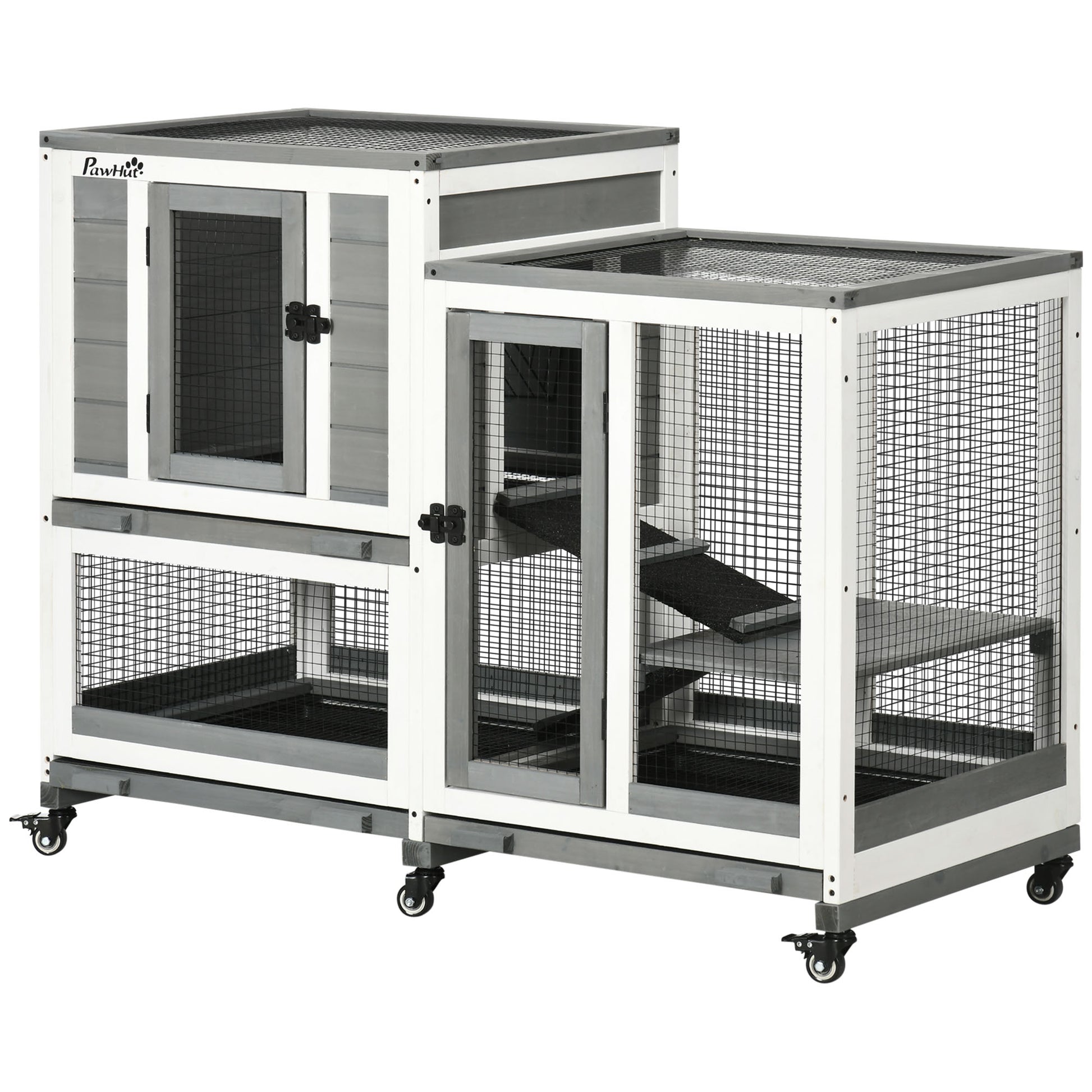2-Level Wooden Rabbit Hutch with 6 Wheels 2 Ladders 3 Removable Trays Doors with Locks and Open Area Indoor Rabbit Hutch 110x50x86 cm Gray