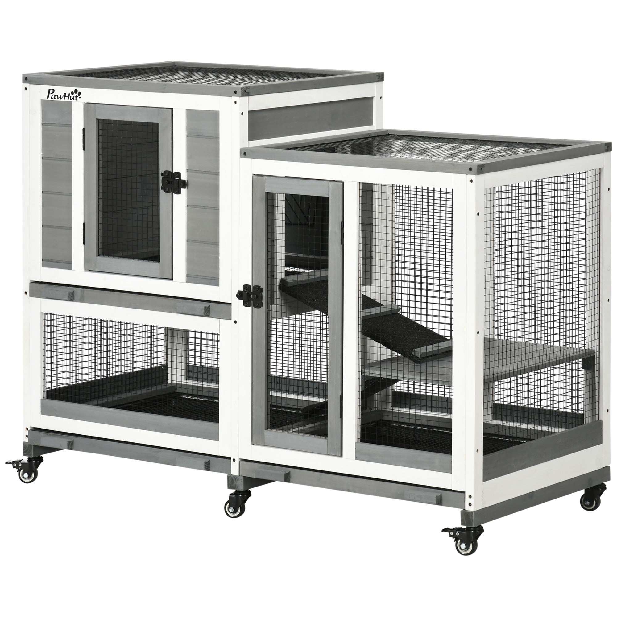 2-Level Wooden Rabbit Hutch with 6 Wheels 2 Ladders 3 Removable Trays Doors with Locks and Open Area Indoor Rabbit Hutch 110x50x86 cm Gray