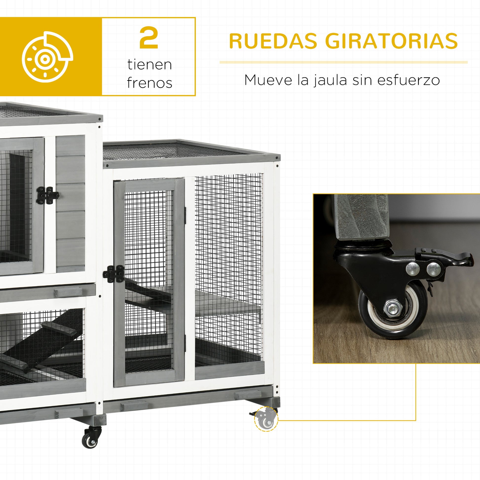 2-Level Wooden Rabbit Hutch with 6 Wheels 2 Ladders 3 Removable Trays Doors with Locks and Open Area Indoor Rabbit Hutch 110x50x86 cm Gray