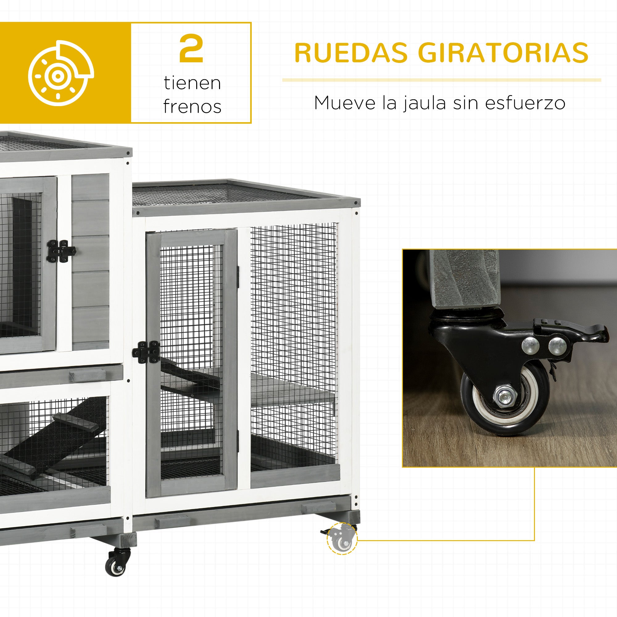 2-Level Wooden Rabbit Hutch with 6 Wheels 2 Ladders 3 Removable Trays Doors with Locks and Open Area Indoor Rabbit Hutch 110x50x86 cm Gray