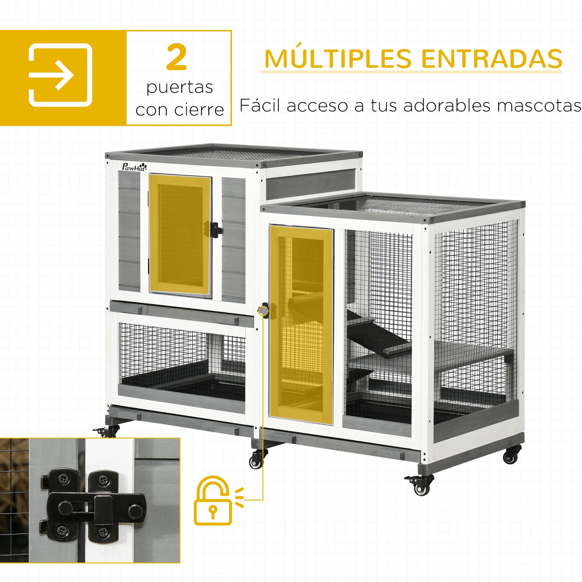2-Level Wooden Rabbit Hutch with 6 Wheels 2 Ladders 3 Removable Trays Doors with Locks and Open Area Indoor Rabbit Hutch 110x50x86 cm Gray