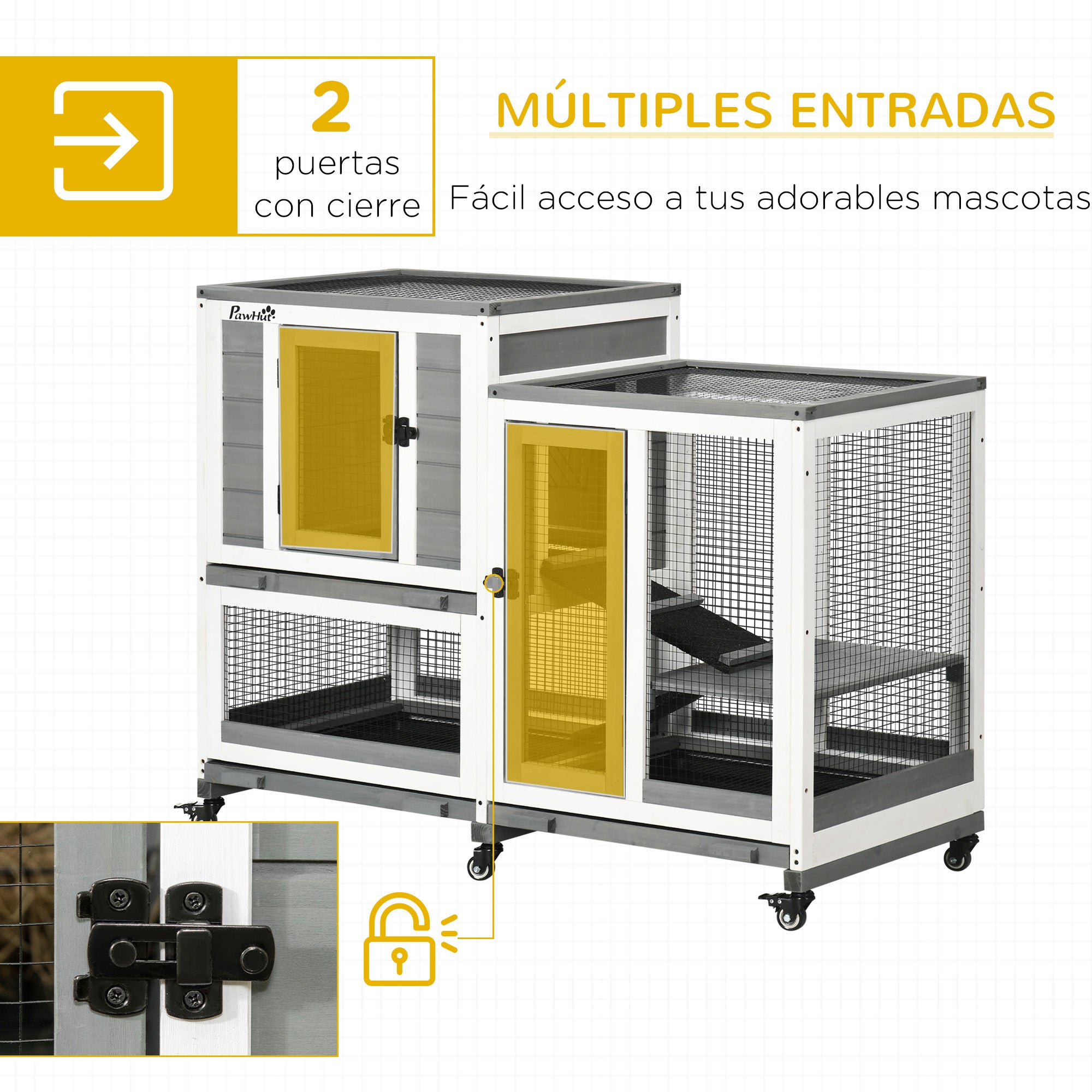 2-Level Wooden Rabbit Hutch with 6 Wheels 2 Ladders 3 Removable Trays Doors with Locks and Open Area Indoor Rabbit Hutch 110x50x86 cm Gray