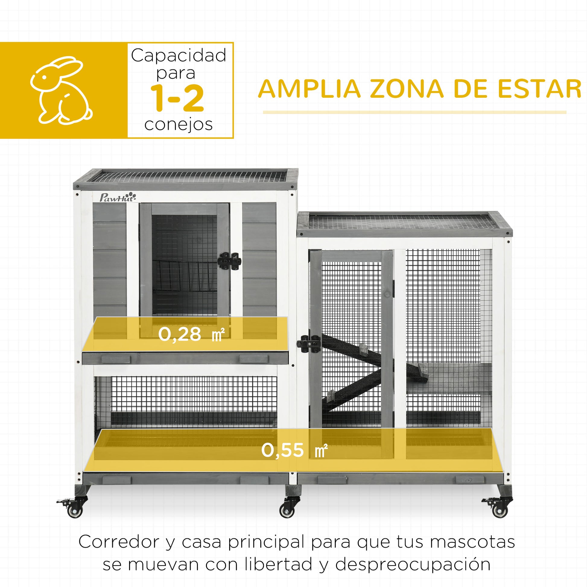 2-Level Wooden Rabbit Hutch with 6 Wheels 2 Ladders 3 Removable Trays Doors with Locks and Open Area Indoor Rabbit Hutch 110x50x86 cm Gray