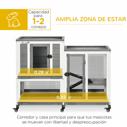 2-Level Wooden Rabbit Hutch with 6 Wheels 2 Ladders 3 Removable Trays Doors with Locks and Open Area Indoor Rabbit Hutch 110x50x86 cm Gray