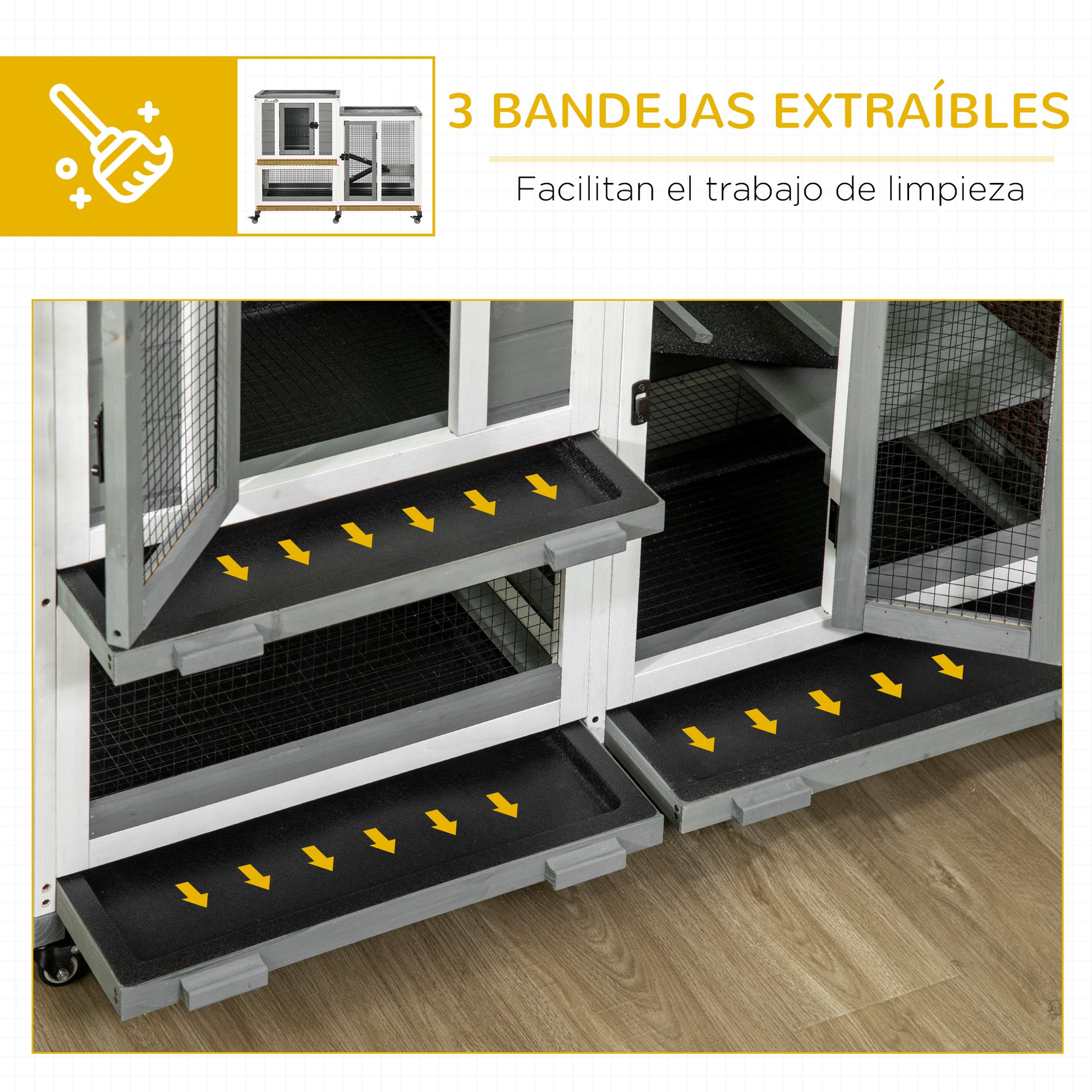 2-Level Wooden Rabbit Hutch with 6 Wheels 2 Ladders 3 Removable Trays Doors with Locks and Open Area Indoor Rabbit Hutch 110x50x86 cm Gray