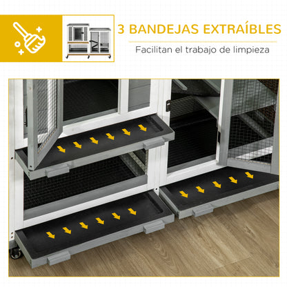 2-Level Wooden Rabbit Hutch with 6 Wheels 2 Ladders 3 Removable Trays Doors with Locks and Open Area Indoor Rabbit Hutch 110x50x86 cm Gray