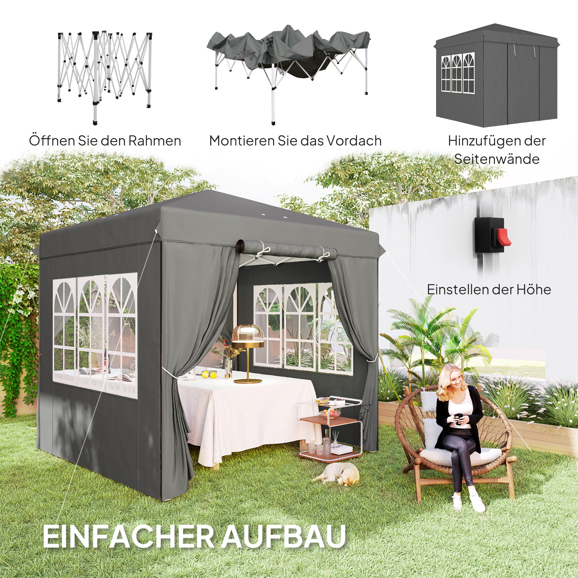 Pavilion 2.5x2.5m, Water-resistant Stable Winter-ready Pop-up Folding Pavilion, UV Protection 50+, Foldable Party Tent Garden Tent with 4 Side Panels Bag Garden Pavilion for Camping Garden, Dark Gray