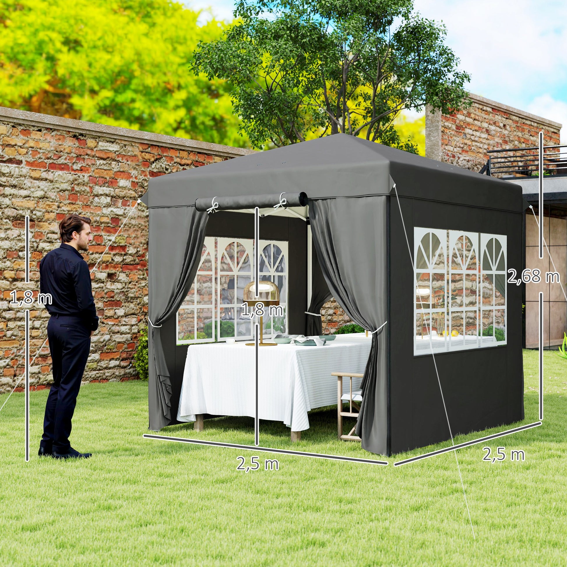 Pavilion 2.5x2.5m, Water-resistant Stable Winter-ready Pop-up Folding Pavilion, UV Protection 50+, Foldable Party Tent Garden Tent with 4 Side Panels Bag Garden Pavilion for Camping Garden, Dark Gray